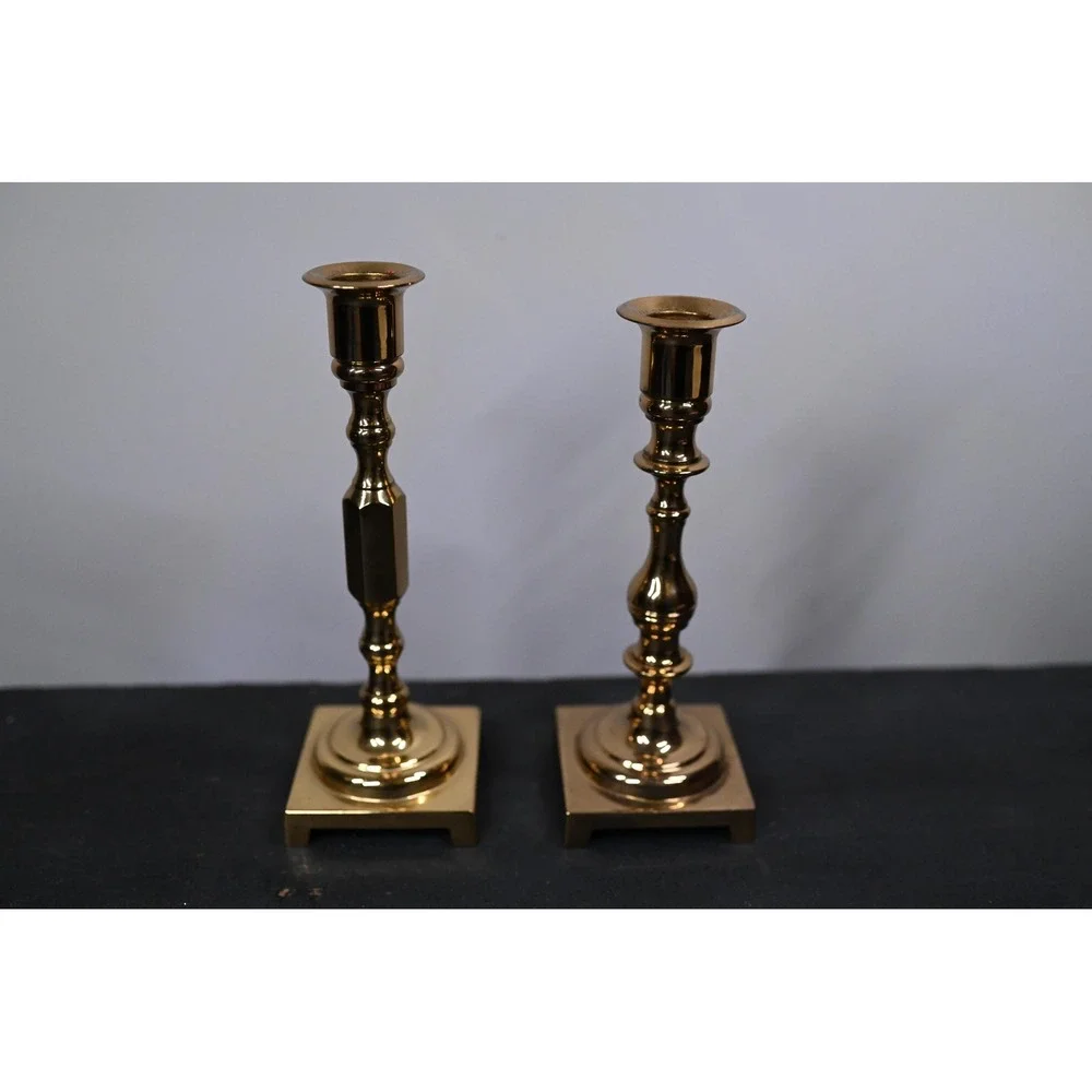 Vintage Square Bottom Brass Candle Stick Holders Set of 2 Gold Taper 7.25 inch